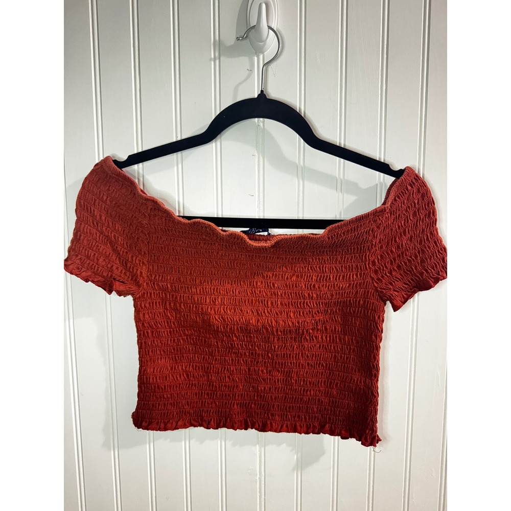 Arizona Jean Co Women Burnt Orange Smocked Off the Shoulder Crop Top Large L